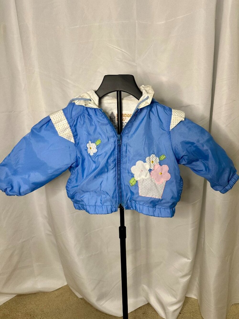 Vintage London Fog Baby Blue Hooded Windbreaker Jacket Floral Applique 18M